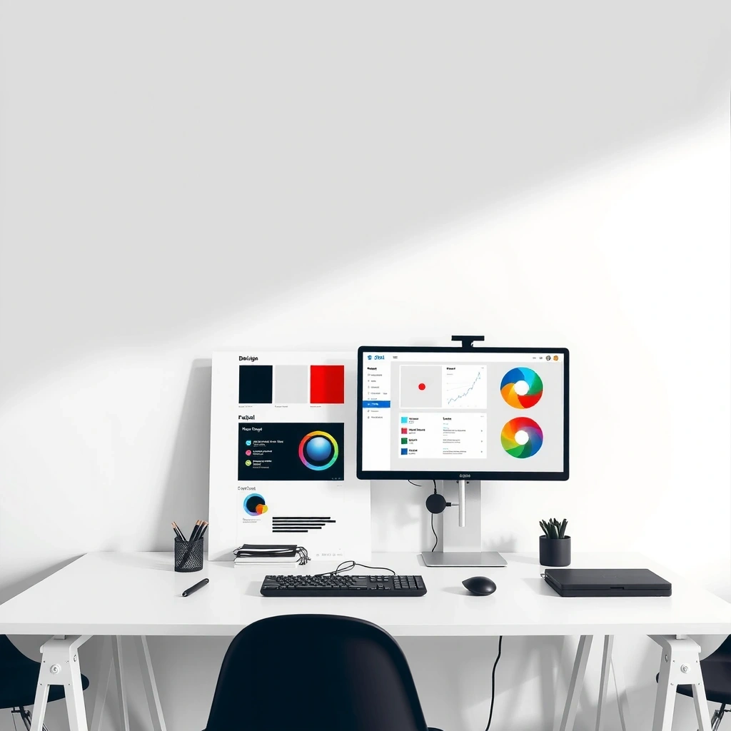 Modern web design workspace with computers and design materials